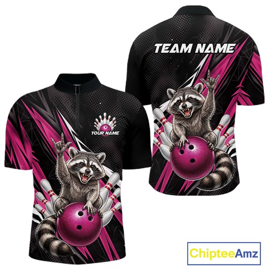 Custom Pink Raccoon Bowling Jersey for Men Bowling Team Shirts Bowling Polo & 1/4 Zip HNT254