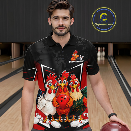 Red Funny Three Chicken Bowling Jersey for Men Bowling League Bowling Team Shirts HN287