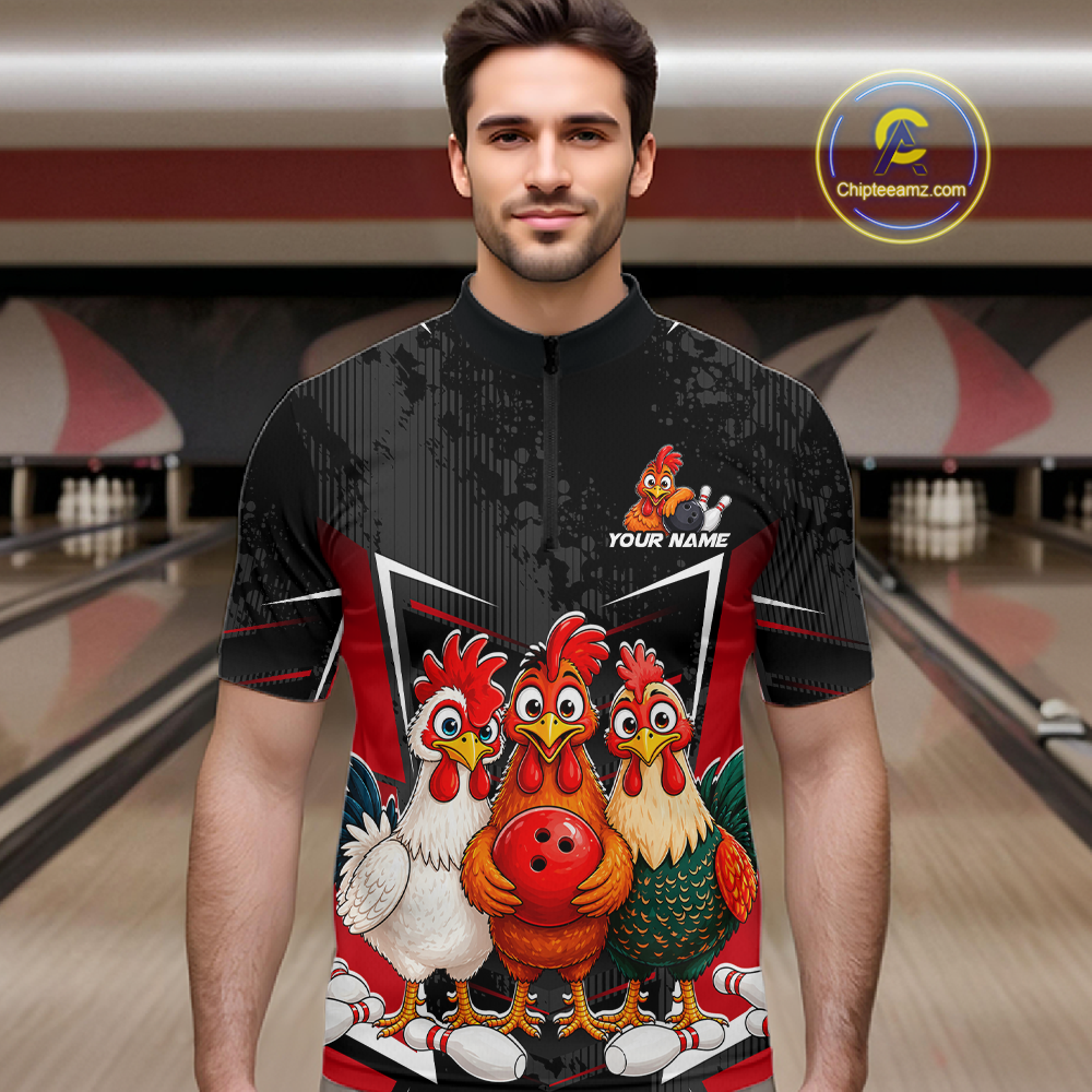 Red Funny Three Chicken Bowling Jersey for Men Bowling League Bowling Team Shirts HN287
