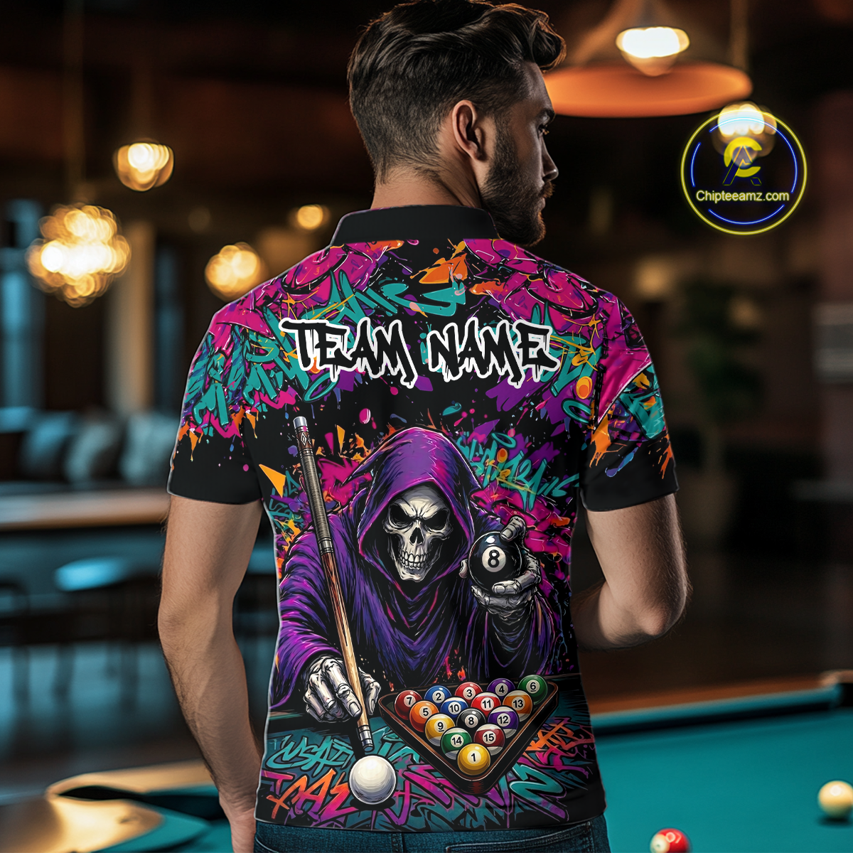 Custom Graffiti Grim Reaper 8 Ball Billiard Shirt for Men Billiard Team Jersey Billiard League NNT186