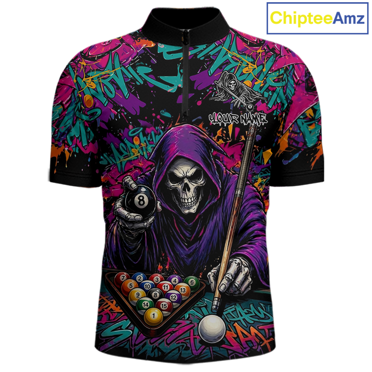 Custom Graffiti Grim Reaper 8 Ball Billiard Shirt for Men Billiard Team Jersey Billiard League NNT186