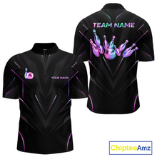 Load image into Gallery viewer, Black bowling shirt with colorful design and customizable text on a white background