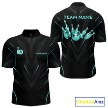Load image into Gallery viewer, Black bowling shirt with teal graphics and text on a white background