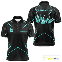 Load image into Gallery viewer, Black bowling team shirt with teal graphics and text on a white background