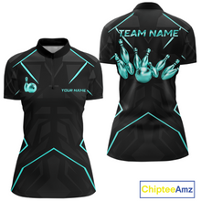 Load image into Gallery viewer, Black bowling shirt with teal graphics and text, featuring 'Team Name' and 'Your Name' on a white background.