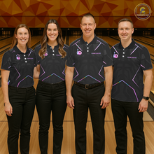 Load image into Gallery viewer, Four people in matching bowling alley uniforms standing on a bowling lane.