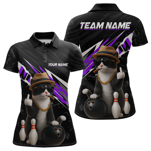 Custom Purple Funny Cat Bowling Jersey for Women Bowling Shirt Polo & 1/4 Zip Bowling Team Shirts HNT136