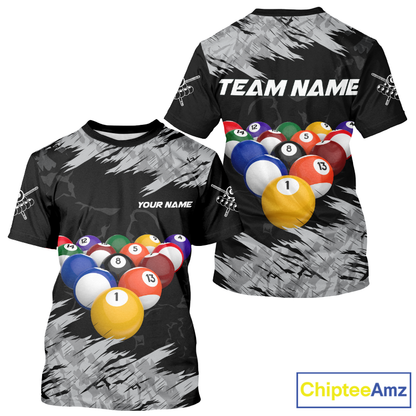 Two black t-shirts with colorful billiard ball design and customizable text on a white background.