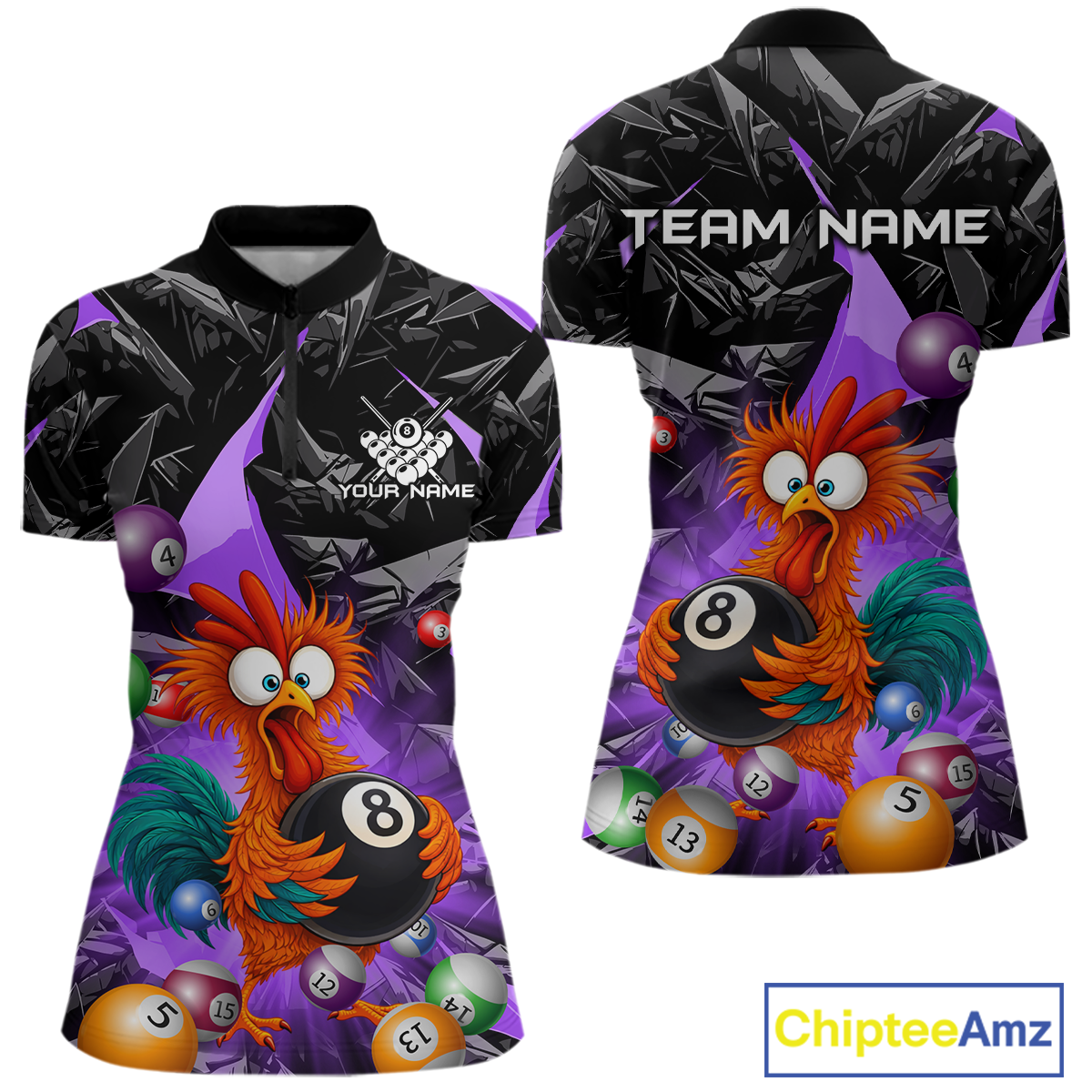 Custom Funny Purple Chicken 8 Ball Pool Billiard Shirt for Women Polo & 1/4 Zip, Billiard Team Jerseys NNT148