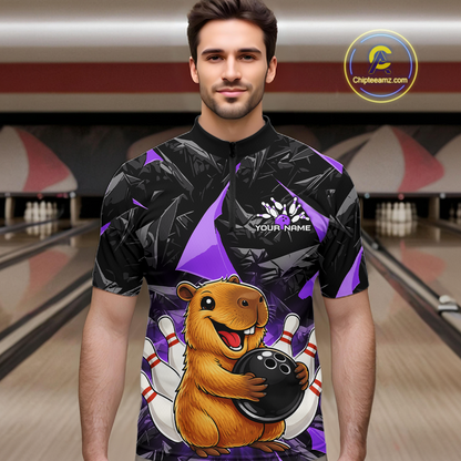 Custom Purple Capybara Bowling Jersey for Men Bowling Team Shirts Bowling Polo & 1/4 Zip HNT255