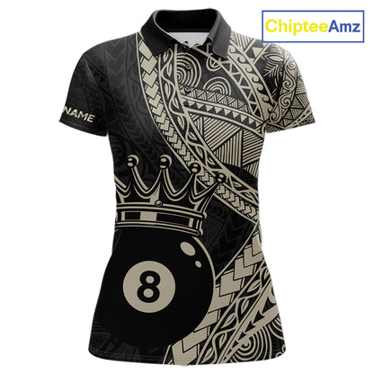 Women’s fitted polo dress in black and gold tones with layered Polynesian-style designs, abstract geometric textures, and a large crowned 8-ball centerpiece.