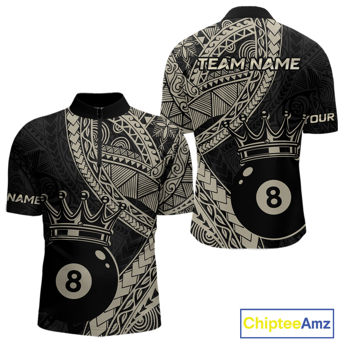 Men’s fitted quarter zip dress in black and gold tones with layered Polynesian-style designs, abstract geometric textures, and a large crowned 8-ball centerpiece.