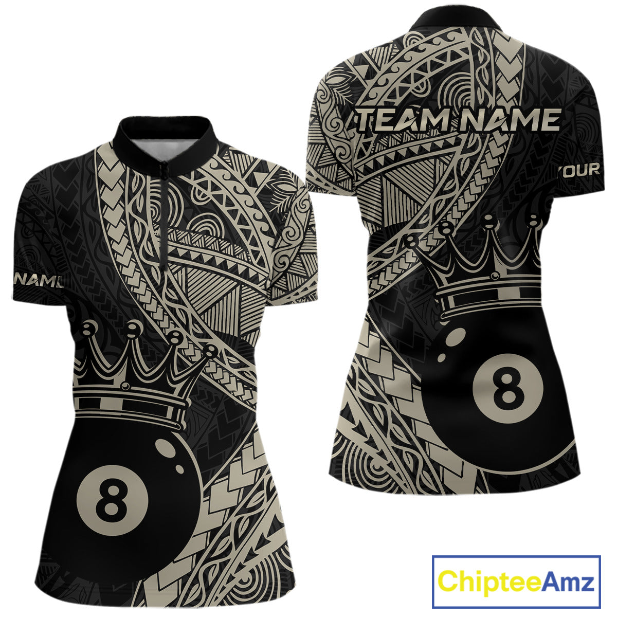 Women’s fitted quarter zip dress in black and gold tones with layered Polynesian-style designs, abstract geometric textures, and a large crowned 8-ball centerpiece.