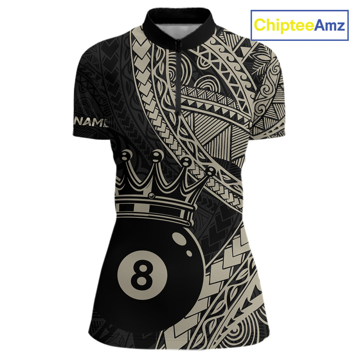 Women’s fitted quarter zip dress in black and gold tones with layered Polynesian-style designs, abstract geometric textures, and a large crowned 8-ball centerpiece.