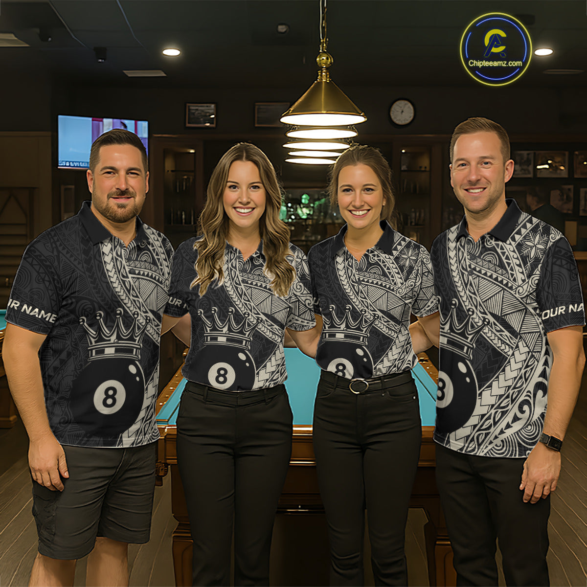 Four people wearing matching billiard shirts in a billiard league.