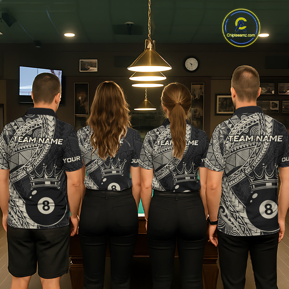 Four people wearing matching billiard shirts in a billiard league.