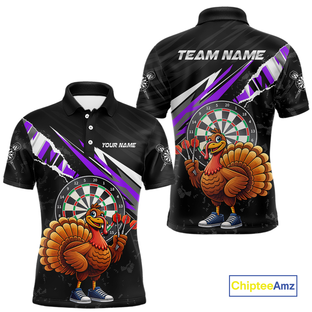 Purple Funny Turkey Chicken Darts Shirt for Men Darts Team Jerseys Polo & 1/4 Zip Dart League NNT130