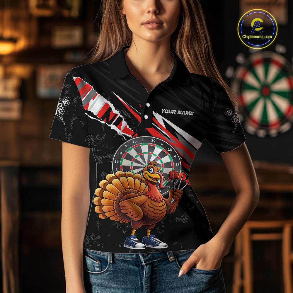 Red Funny Turkey Chicken Darts Shirt for Women Darts Team Jerseys Polo & 1/4 Zip Dart League NNT130