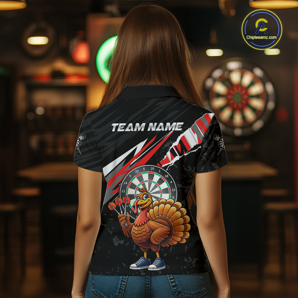 Red Funny Turkey Chicken Darts Shirt for Women Darts Team Jerseys Polo & 1/4 Zip Dart League NNT130