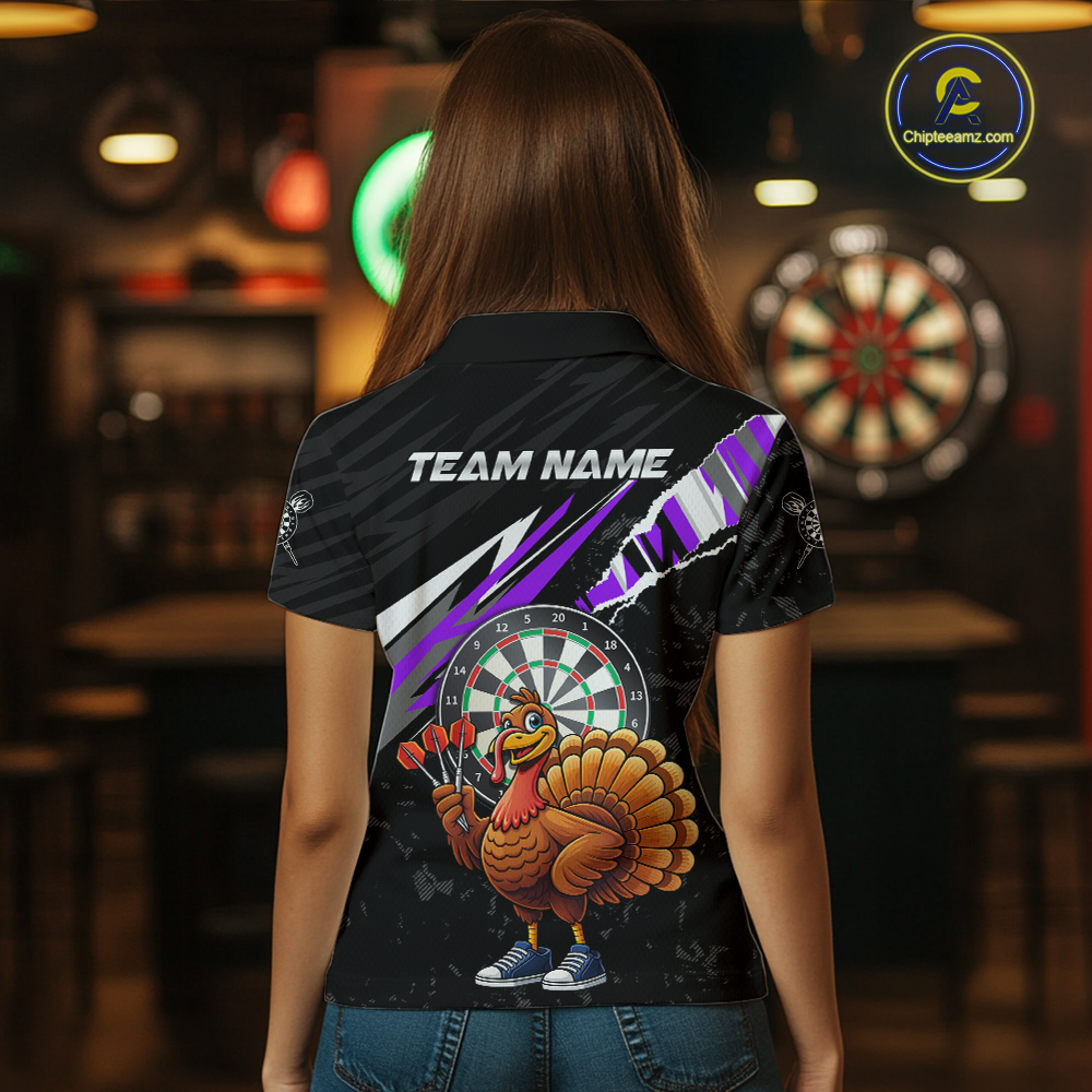 Purple Funny Turkey Chicken Darts Shirt for Women Darts Team Jerseys Polo & 1/4 Zip Dart League NNT130