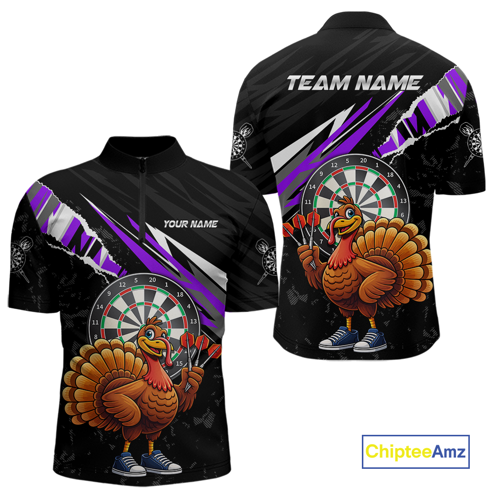 Purple Funny Turkey Chicken Darts Shirt for Men Darts Team Jerseys Polo & 1/4 Zip Dart League NNT130