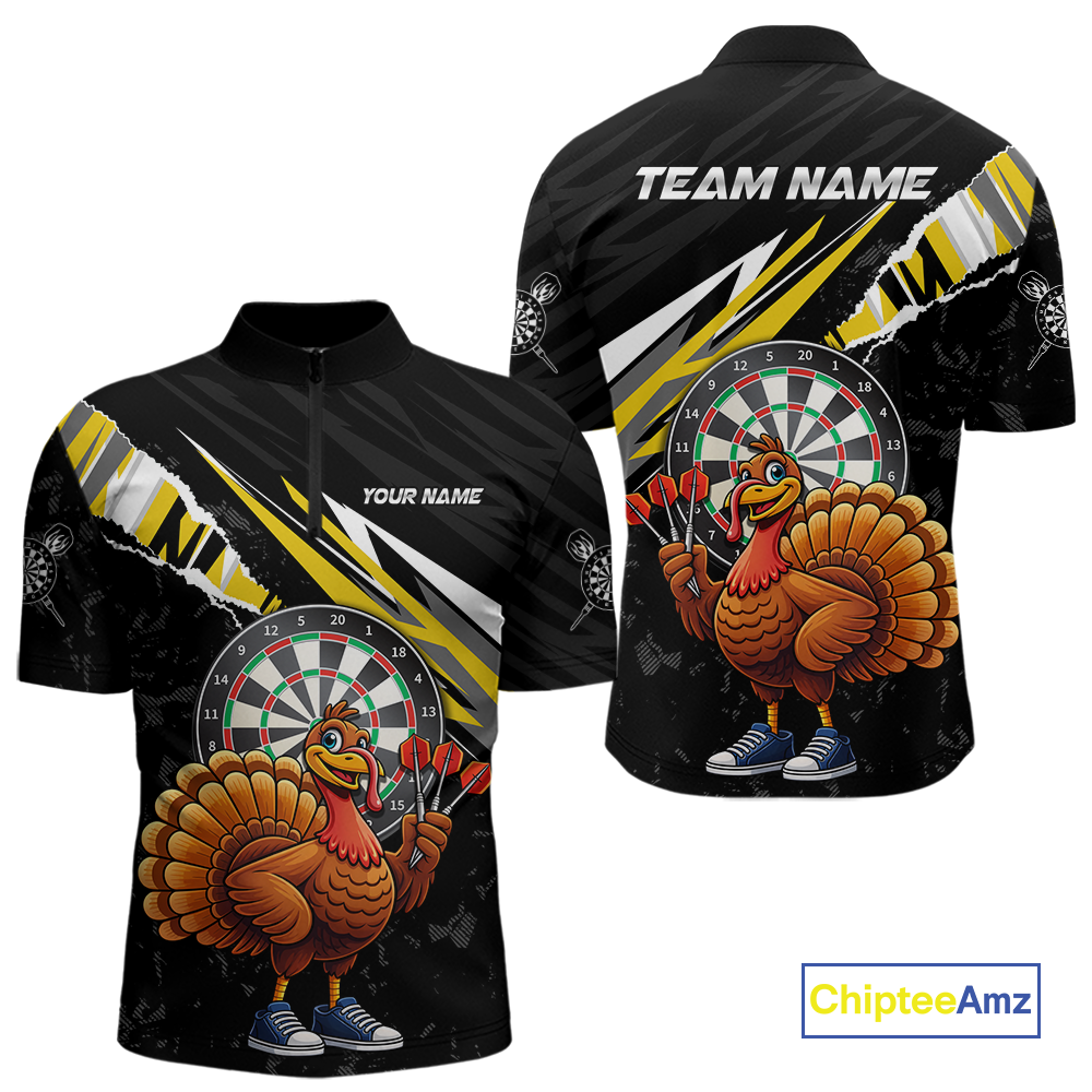 Yellow Funny Turkey Chicken Darts Shirt for Men Darts Team Jerseys Polo & 1/4 Zip Dart League NNT130