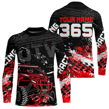 Load image into Gallery viewer, Front and back view personalized racing shirt with an off-road vehicle integrated into tire track patterns, racing graphics, and custom name details.