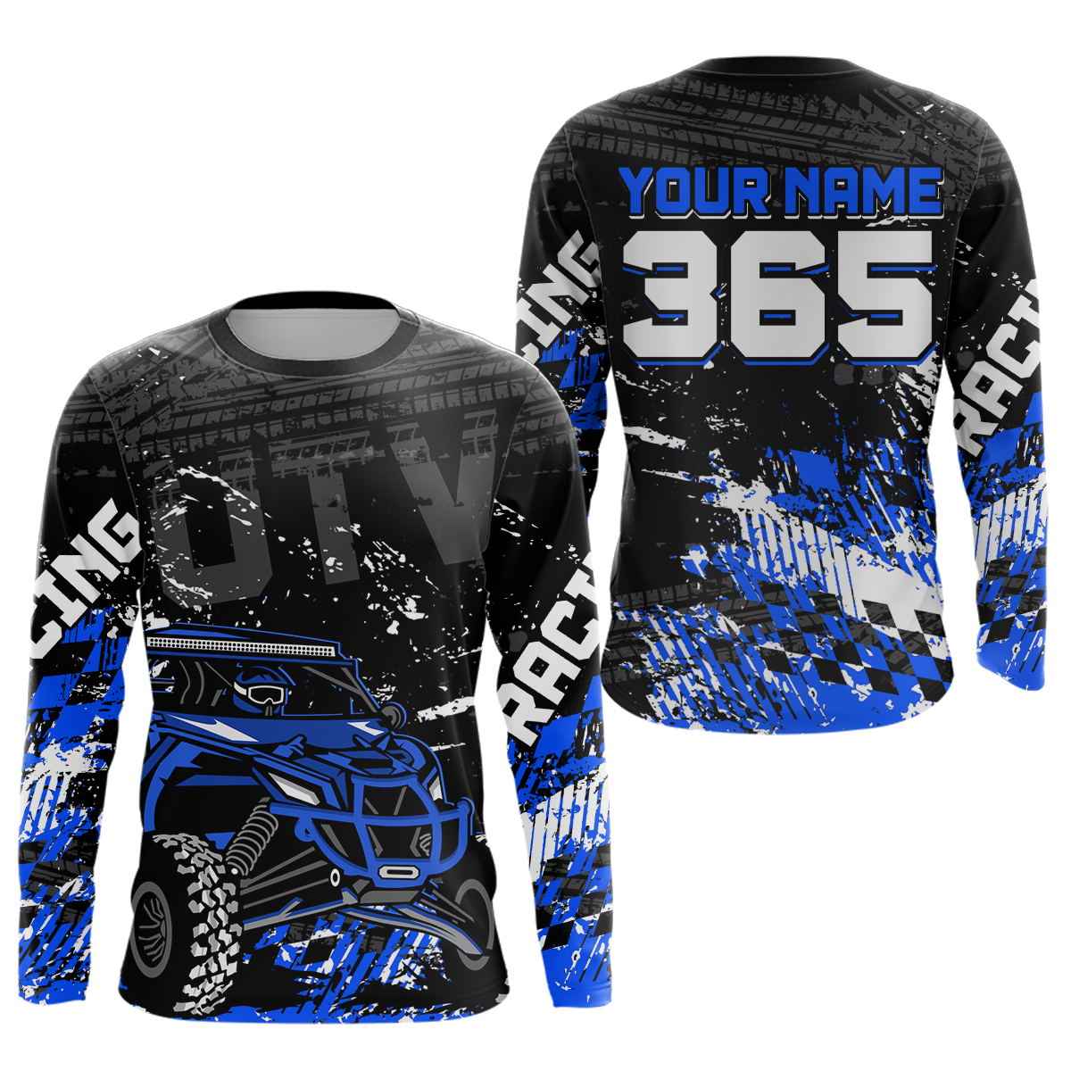Front and back view personalized racing shirt with an off-road vehicle integrated into tire track patterns, racing graphics, and custom name details.