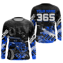 Load image into Gallery viewer, Front and back view personalized racing shirt with an off-road vehicle integrated into tire track patterns, racing graphics, and custom name details.