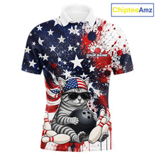 Load image into Gallery viewer, Polo shirt with American flag design and cat bowling graphic, brand 'ChipteeAmz' visible.