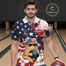 Load image into Gallery viewer, Man wearing a patriotic-themed polo shirt with a cat design in a bowling alley.
