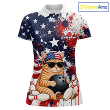 Load image into Gallery viewer, Polo shirt with a cat design featuring an American flag and bowling elements, branded 'ChipteeAmz'.