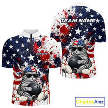 Load image into Gallery viewer, Front and back views of a patriotic bowling quarter zip featuring a sunglasses-wearing orange tabby cat with an American flag bandana, bowling ball and pins, plus personalized name and team name text.