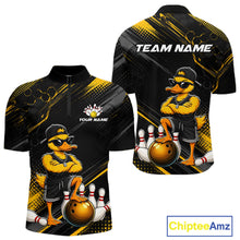 Load image into Gallery viewer, Bowling jersey with duck design and customizable text on a white background