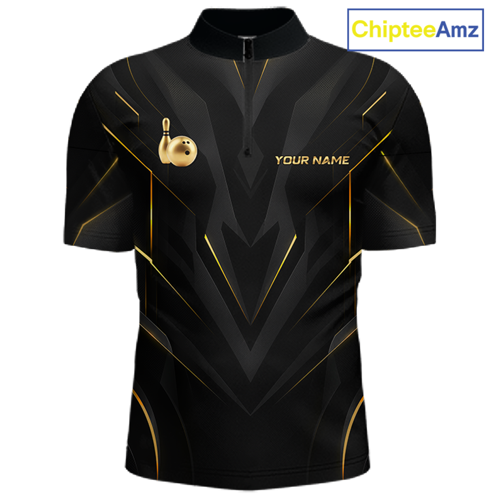 Front views of a sleek black bowling quarter zip shirt with gold geometric accents, featuring custom “YOUR NAME” text alongside metallic gold bowling pin graphics.