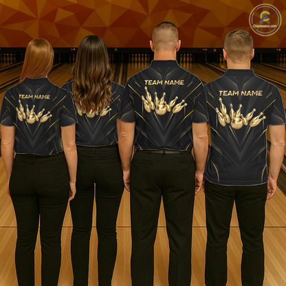 Four people wearing bowling team shirts with 'Team Name' on a bowling alley.