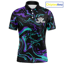 Load image into Gallery viewer, Front views of a men’s black billiards polo with purple and teal marble patterns