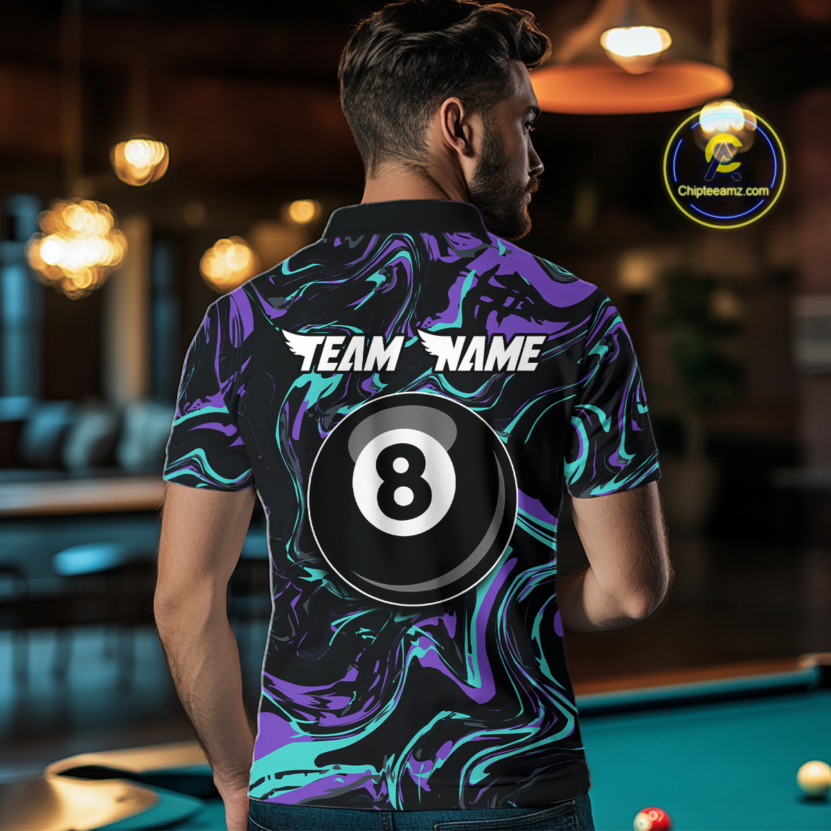 Back view of a man wearing a black billiards polo with teal and purple marble swirls, “TEAM NAME” text, and a large 8-ball graphic.