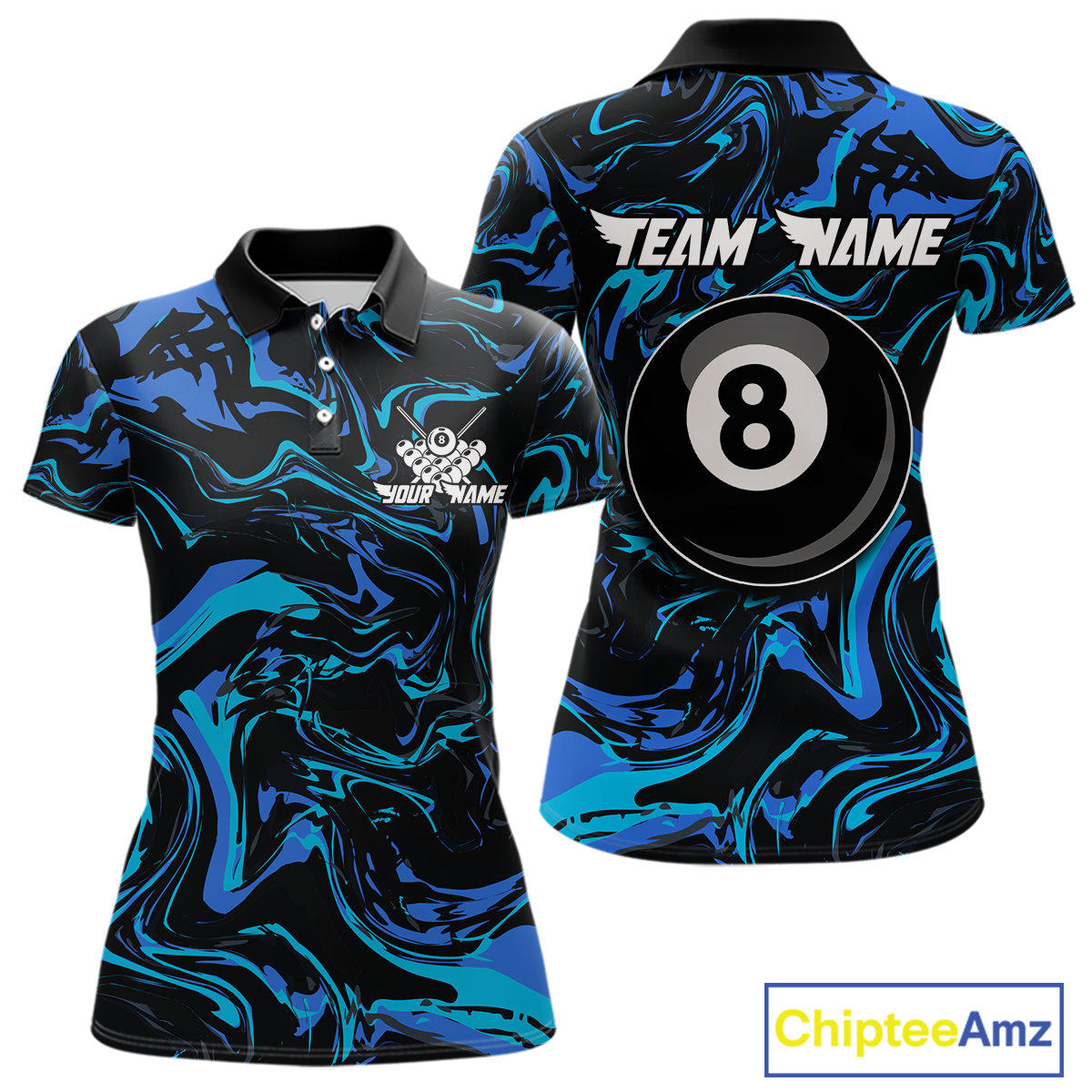 Front and back views of a women’s black billiards polo with turquoise and teal marble patterns, custom team text, and a large 8-ball graphic on the back.