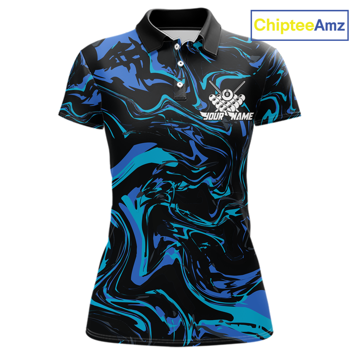 Front and back views of a women’s black billiards polo with turquoise and teal marble patterns, custom team text, and a large 8-ball graphic on the back.