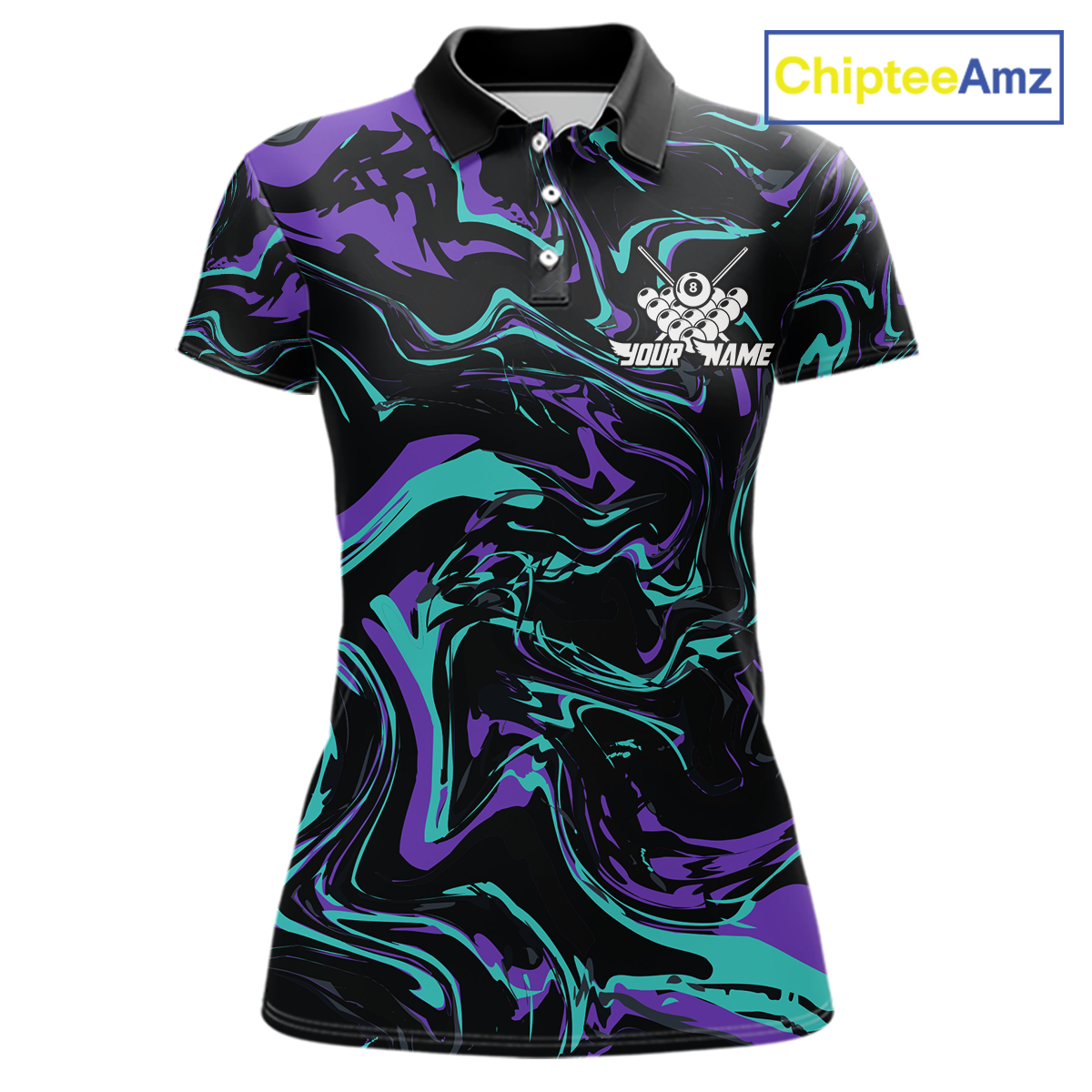Front and back views of a women’s black billiards polo with purple and teal marble patterns