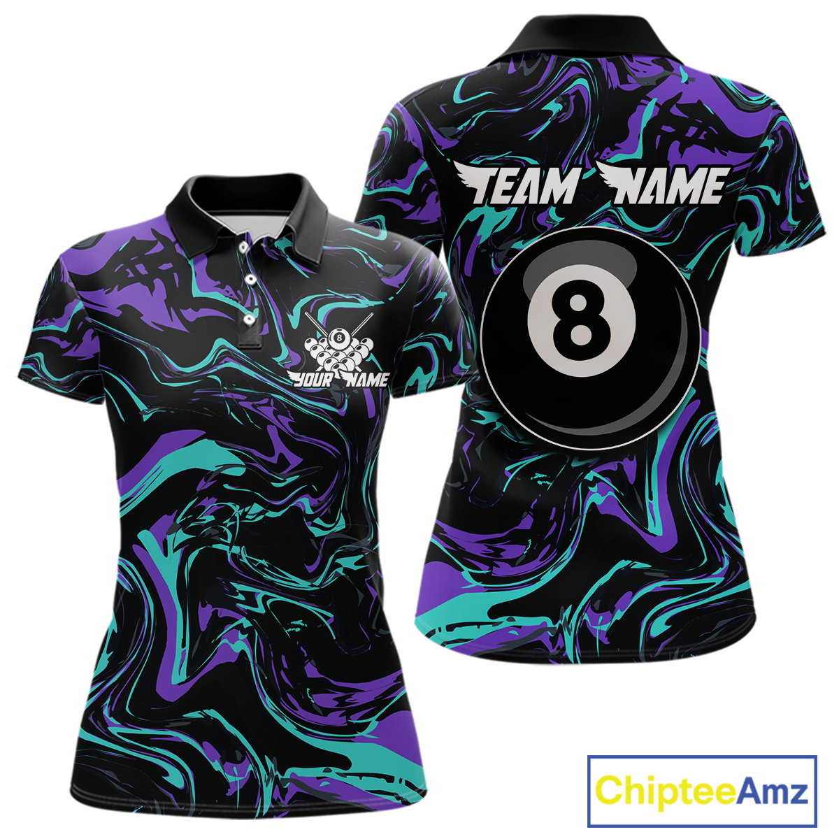 Front and back views of a women’s black billiards polo with purple and teal marble patterns, custom team text, and a large 8-ball graphic on the back.