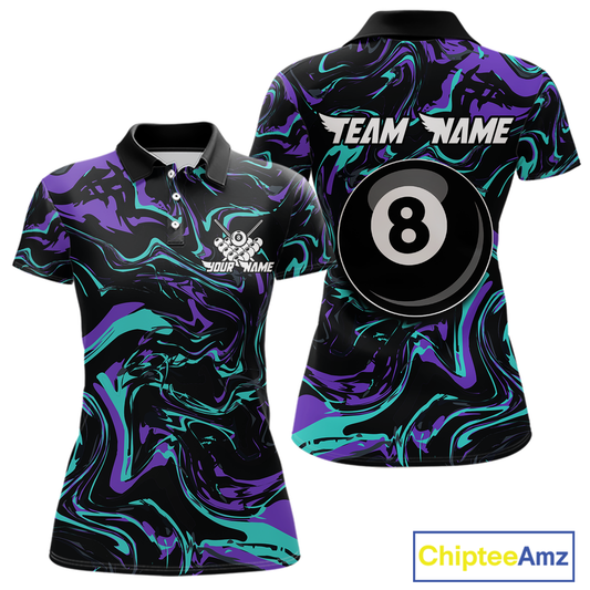 Front and back views of a women’s black billiards polo with purple and teal marble patterns, custom team text, and a large 8-ball graphic on the back.