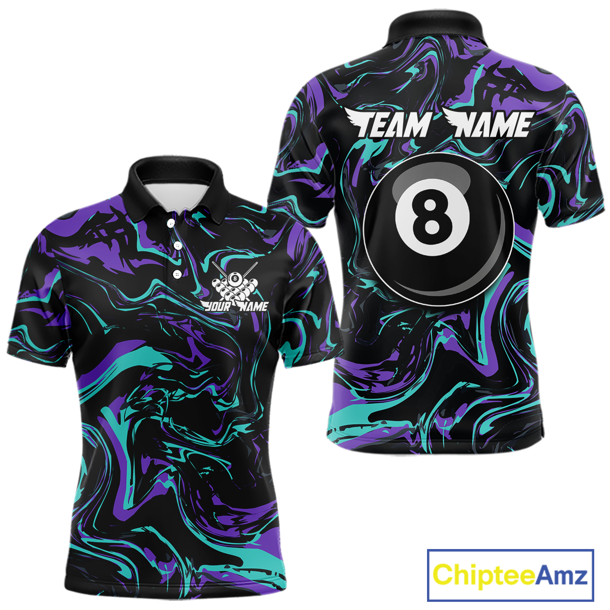 Front and back views of a men’s black billiards polo with purple and teal marble patterns, custom team text, and a large 8-ball graphic on the back.