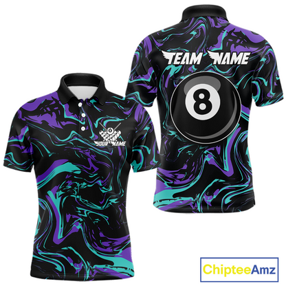 Front and back views of a men’s black billiards polo with purple and teal marble patterns, custom team text, and a large 8-ball graphic on the back.