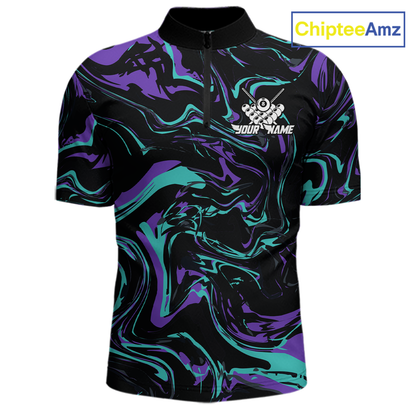 Front views of a men’s black billiards quarter zip with purple and teal marble patterns