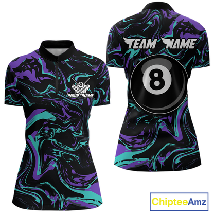 Front and back views of a women’s black billiards quarter zip with purple and teal marble patterns, custom team text, and a large 8-ball graphic on the back.