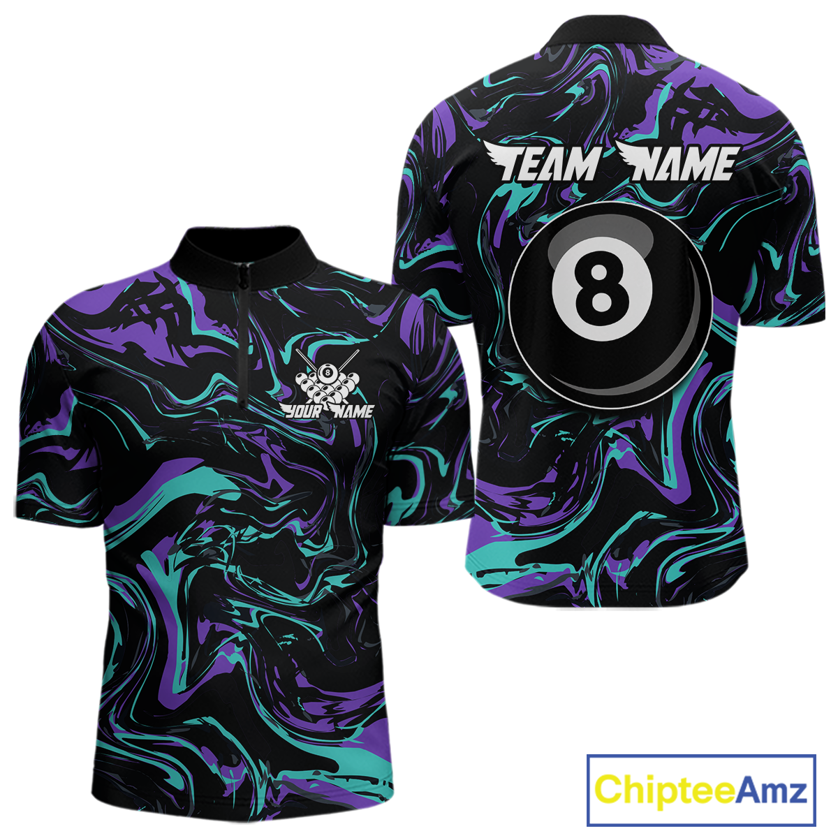 Front and back views of a men’s black billiards quarter zip with purple and teal marble patterns, custom team text, and a large 8-ball graphic on the back.