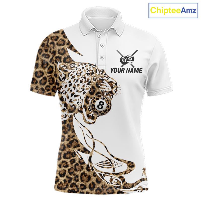 Front views of a white billiards polo with leopard-print panels, a roaring leopard graphic, custom team text, and 8-ball details.