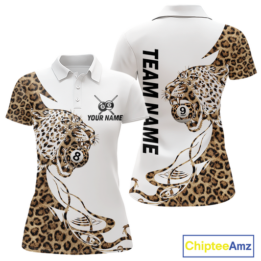 Front and back views of a white billiards polo with leopard-print panels, a roaring leopard graphic, custom team text, and 8-ball and 9-ball details.